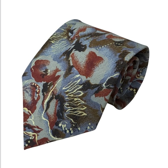 OSCAR de la RENTA - Men’s Silk Patterned Vintage Tie, Grey/ Red/ Gold/ Brown - Picture 1 of 4